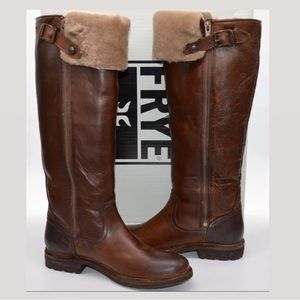 ‼️SOLD‼️Frye Mara Button OTK Dark Brown Leather Boots Shearling Fur Distressed